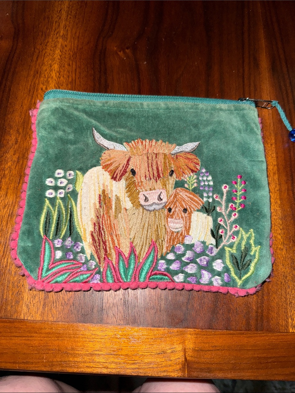Green Velvet Embroidered Highland Cow Cosmetic Pouch